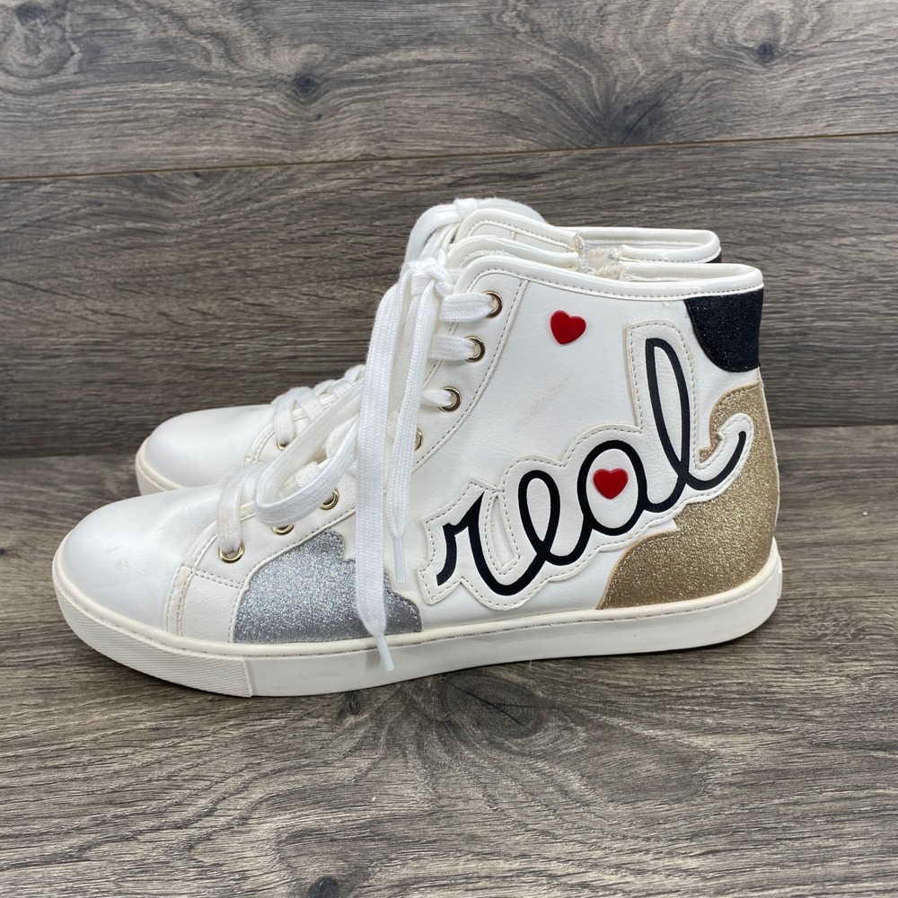 Aldo High Top Sneakers Women 8.5 White Real Love Glitter Heart Side Zip